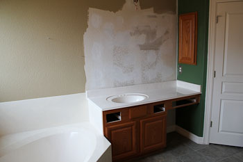 White Cultured Marble Vanity Top with Oak Cabinets